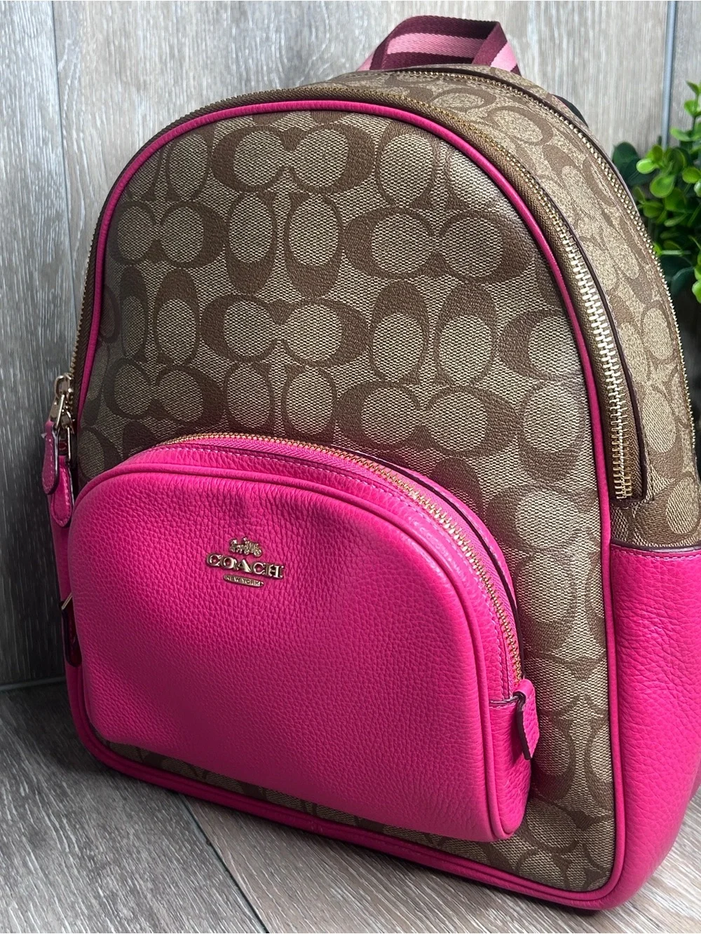 Coach Signature Monogram Pink Leather Trim Backpack – Gold Hardware – Medium